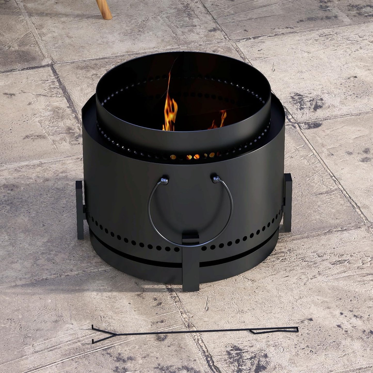 Smokeless Fire Pit with Ash Catcher, 37Cm Portable Wood Burning Firepit with Poker for Garden Camping Bonfire Party, Metal, Black