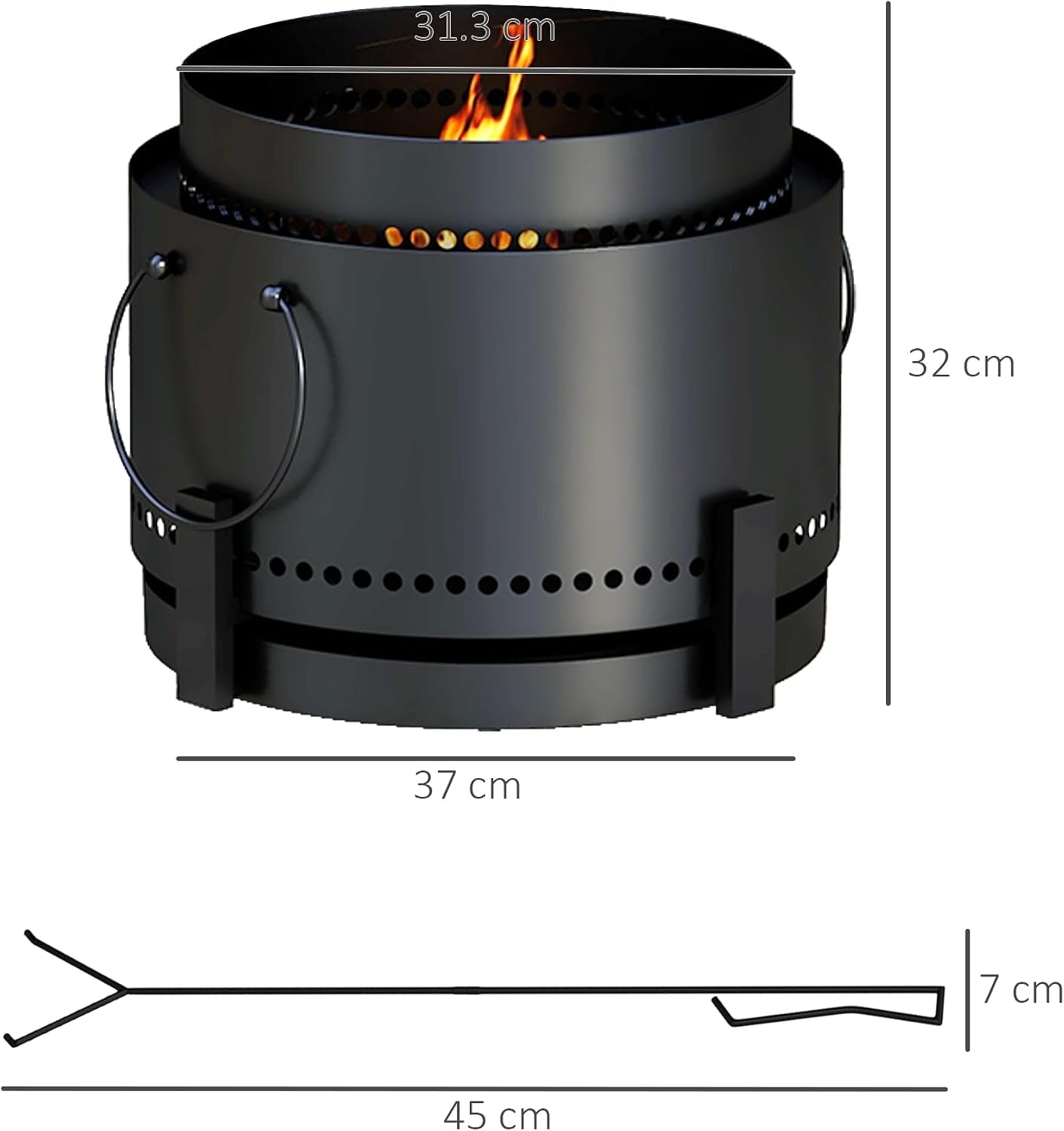Smokeless Fire Pit with Ash Catcher, 37Cm Portable Wood Burning Firepit with Poker for Garden Camping Bonfire Party, Metal, Black