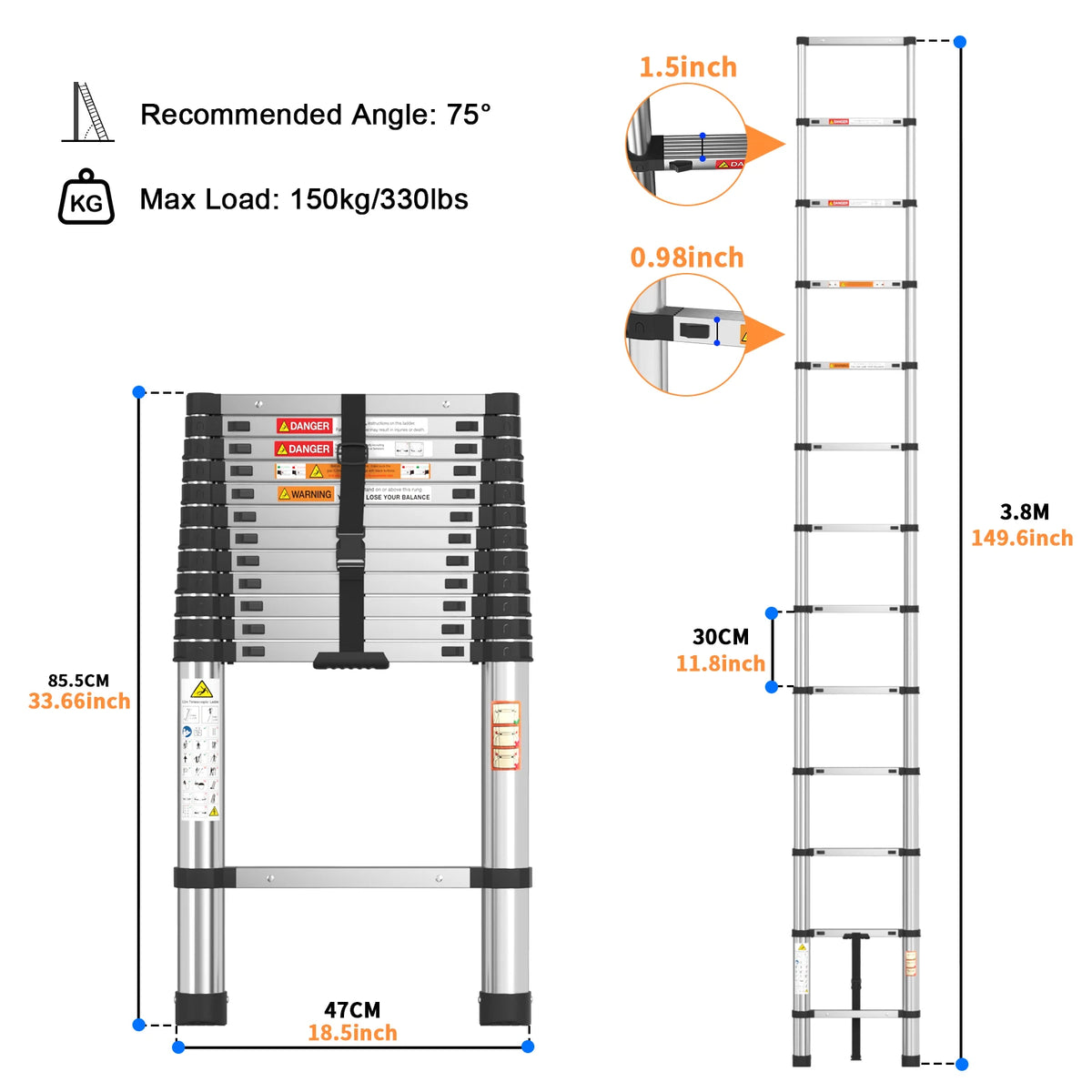 Telescopic Ladder Stainless Steel,Load 150Kg, Convenient Extendable ,For Pulling Walls, Changing Light Bulbs,Repairing Roofs,Rv