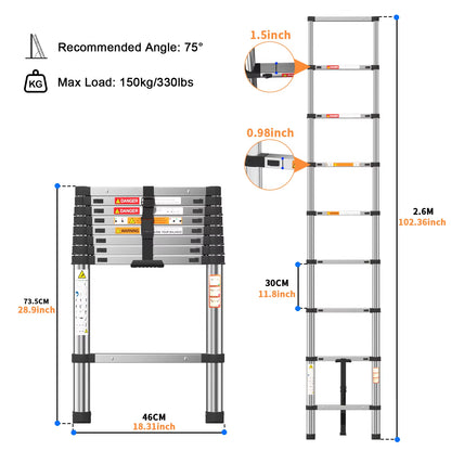 Telescopic Ladder Stainless Steel,Load 150Kg, Convenient Extendable ,For Pulling Walls, Changing Light Bulbs,Repairing Roofs,Rv