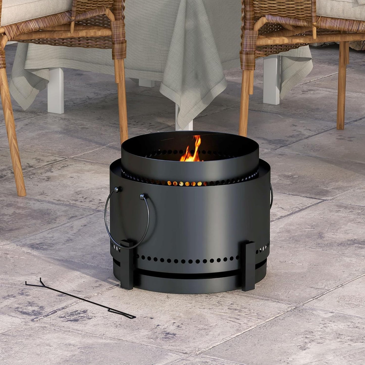Smokeless Fire Pit with Ash Catcher, 37Cm Portable Wood Burning Firepit with Poker for Garden Camping Bonfire Party, Metal, Black