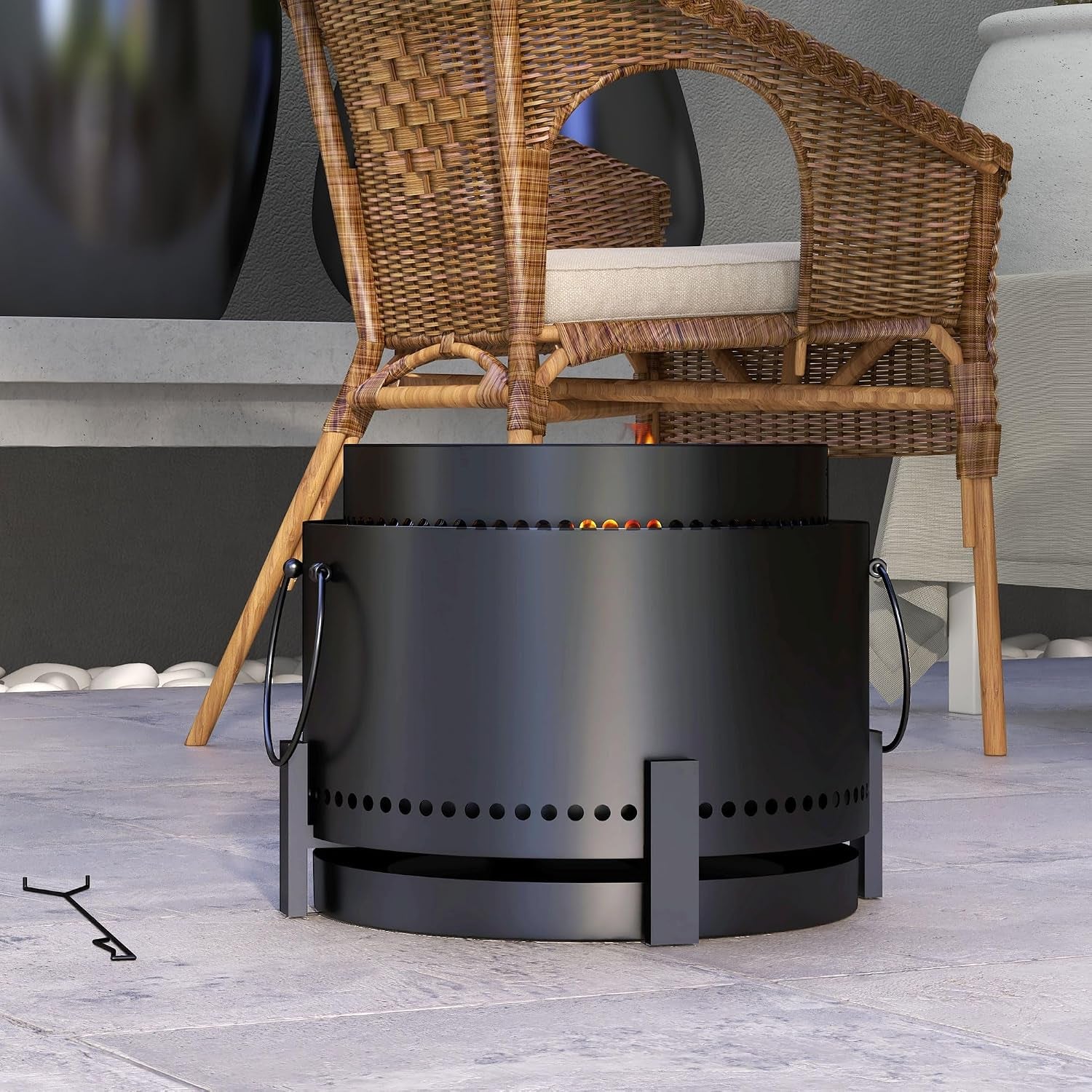 Smokeless Fire Pit with Ash Catcher, 37Cm Portable Wood Burning Firepit with Poker for Garden Camping Bonfire Party, Metal, Black