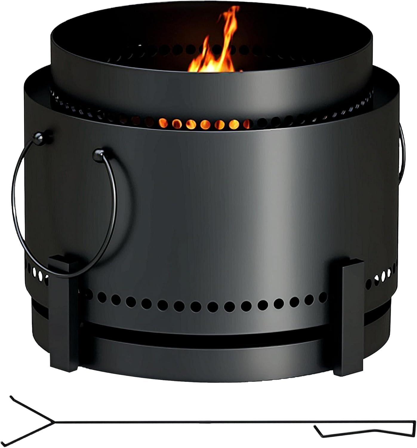 Smokeless Fire Pit with Ash Catcher, 37Cm Portable Wood Burning Firepit with Poker for Garden Camping Bonfire Party, Metal, Black
