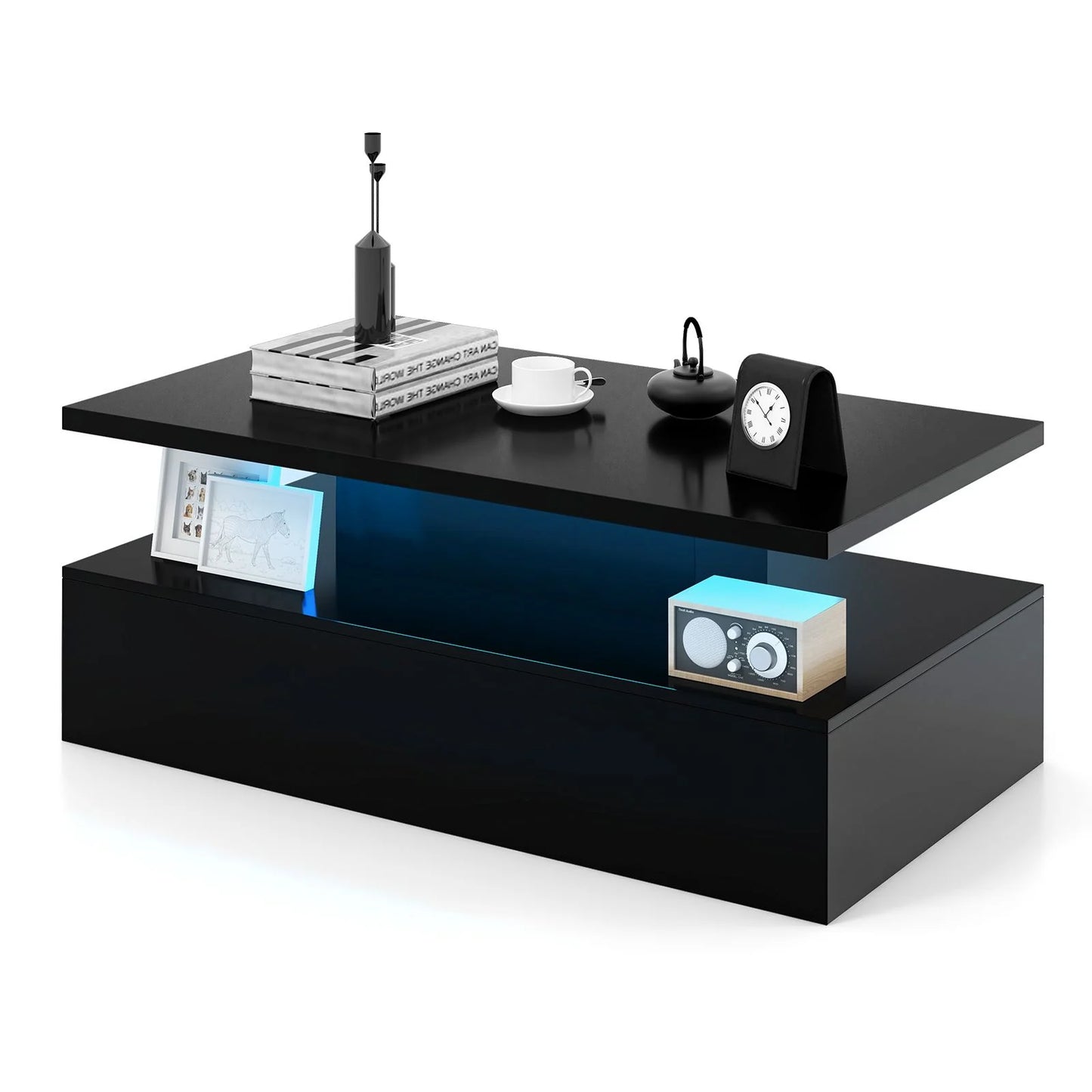 Modern 2-Tier High Glossy Black Coffee Table with Adjustable Light Colors