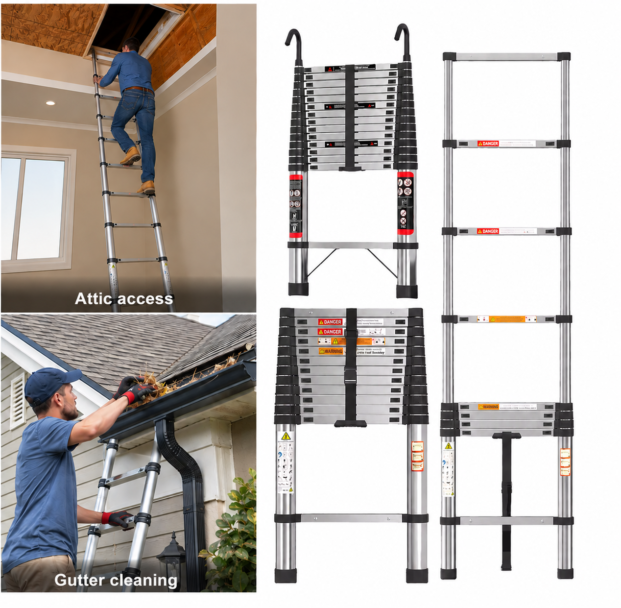 5M Stainless Steel Telescopic Ladder, 150KG Load, Extendable , Indoor and Outdoor Use