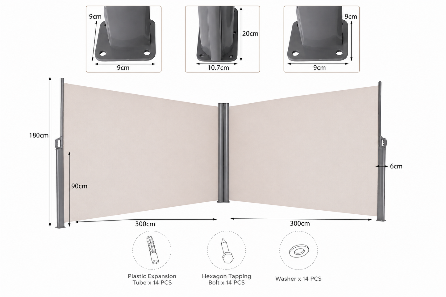 Double-Sided Retractable Privacy Screen 600 x 180 Cm with Easy Clip Handles