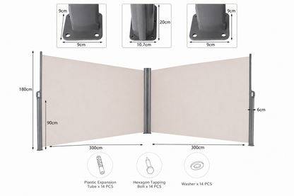 Double-Sided Retractable Privacy Screen 600 x 180 Cm with Easy Clip Handles