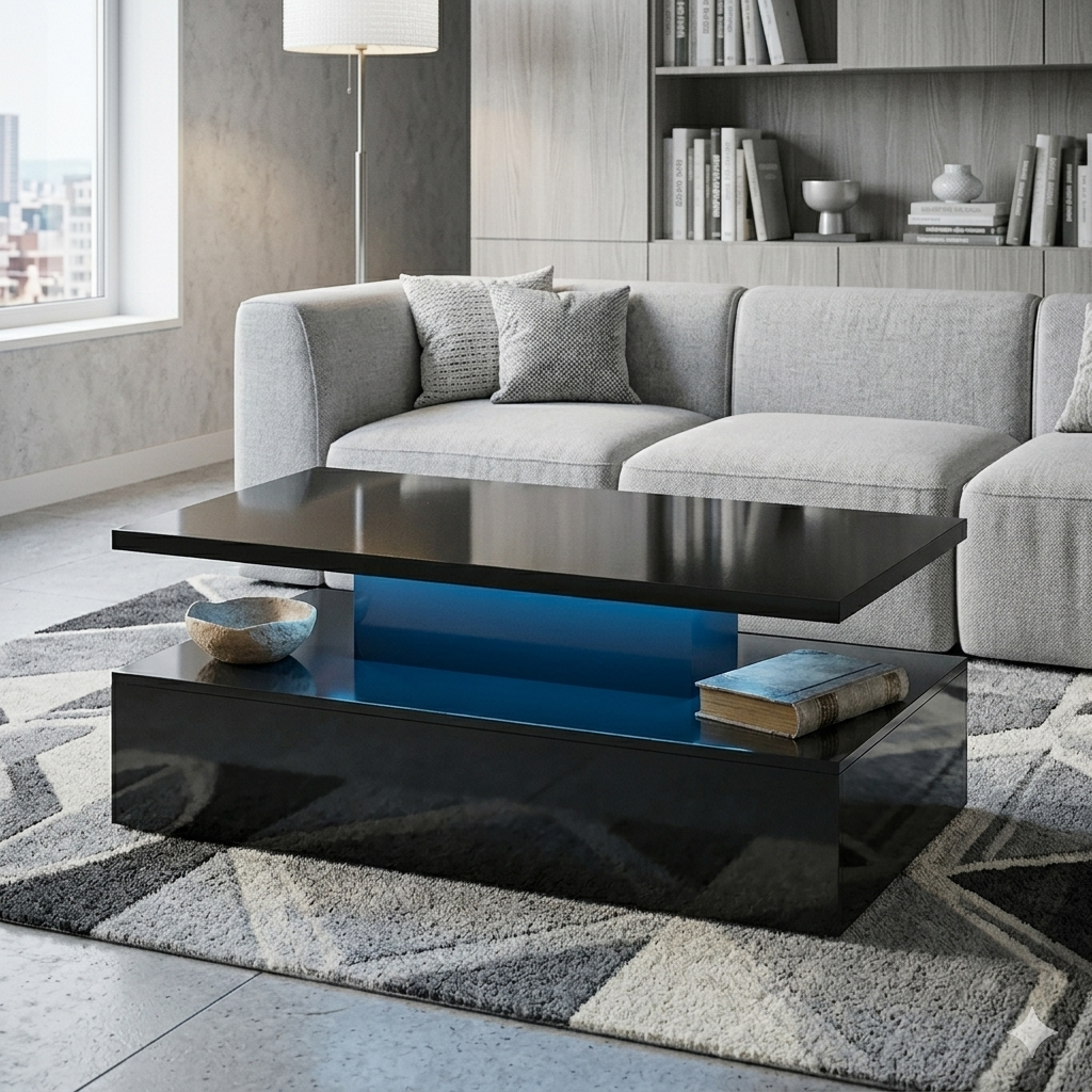 Modern 2-Tier Gloss Black Coffee Table with LED'S