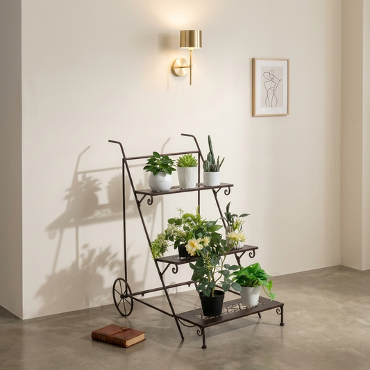 3-Tiered Metal Plant Stand with Wheels and Handle