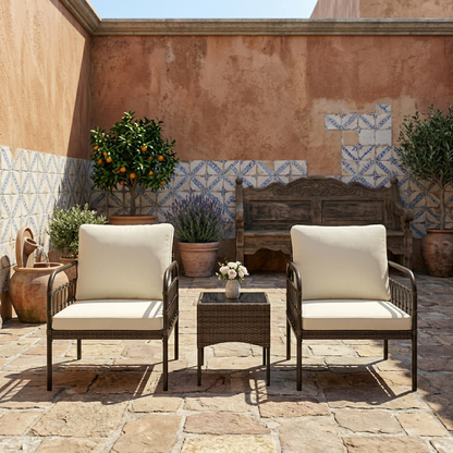 3 Piece Wicker Patio Furniture Set with Cushioned Chairs and Tempered Glass Coffee Table