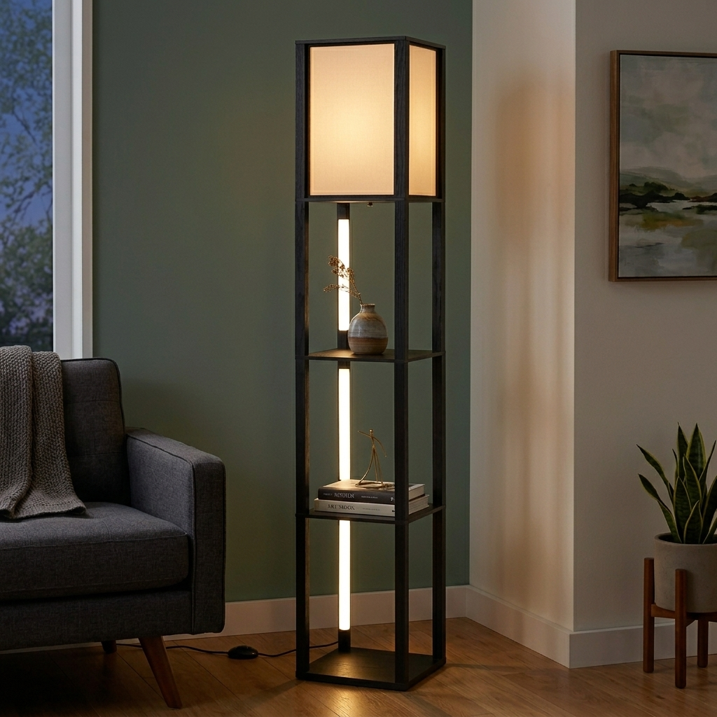 Modern LED Floor Lamp with 3 LED Lit Shelves and Main Lamp