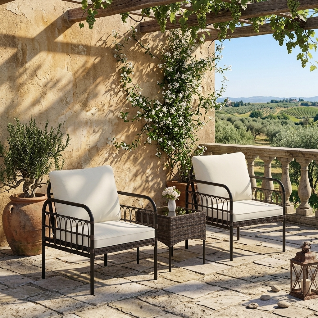 3 Piece Wicker Patio Furniture Set with Cushioned Chairs and Tempered Glass Coffee Table