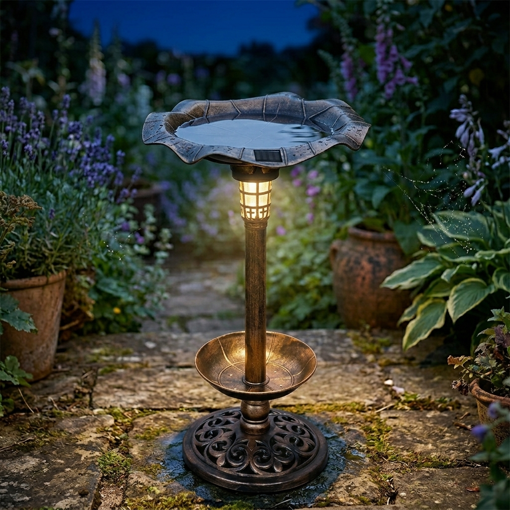 Solar-Powered Bird Bath and Feeder with Integrated Night Light