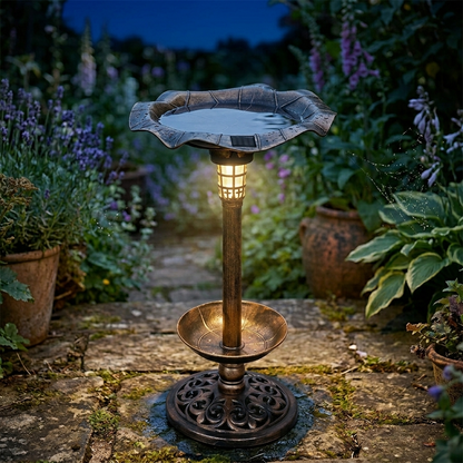 Solar-Powered Bird Bath and Feeder with Integrated Night Light
