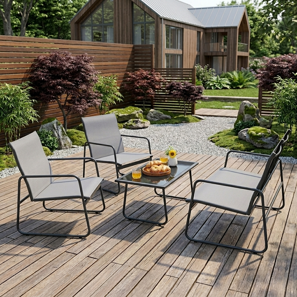 4 Piece Garden Patio Bistro Furniture Set with Loveseat, Coffee Table and 2 Chairs