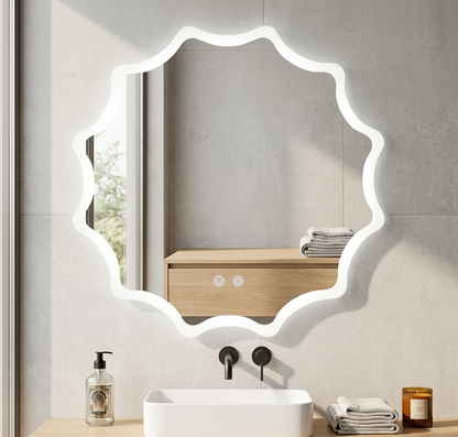 LED Waved Edge Round Wall Mirror