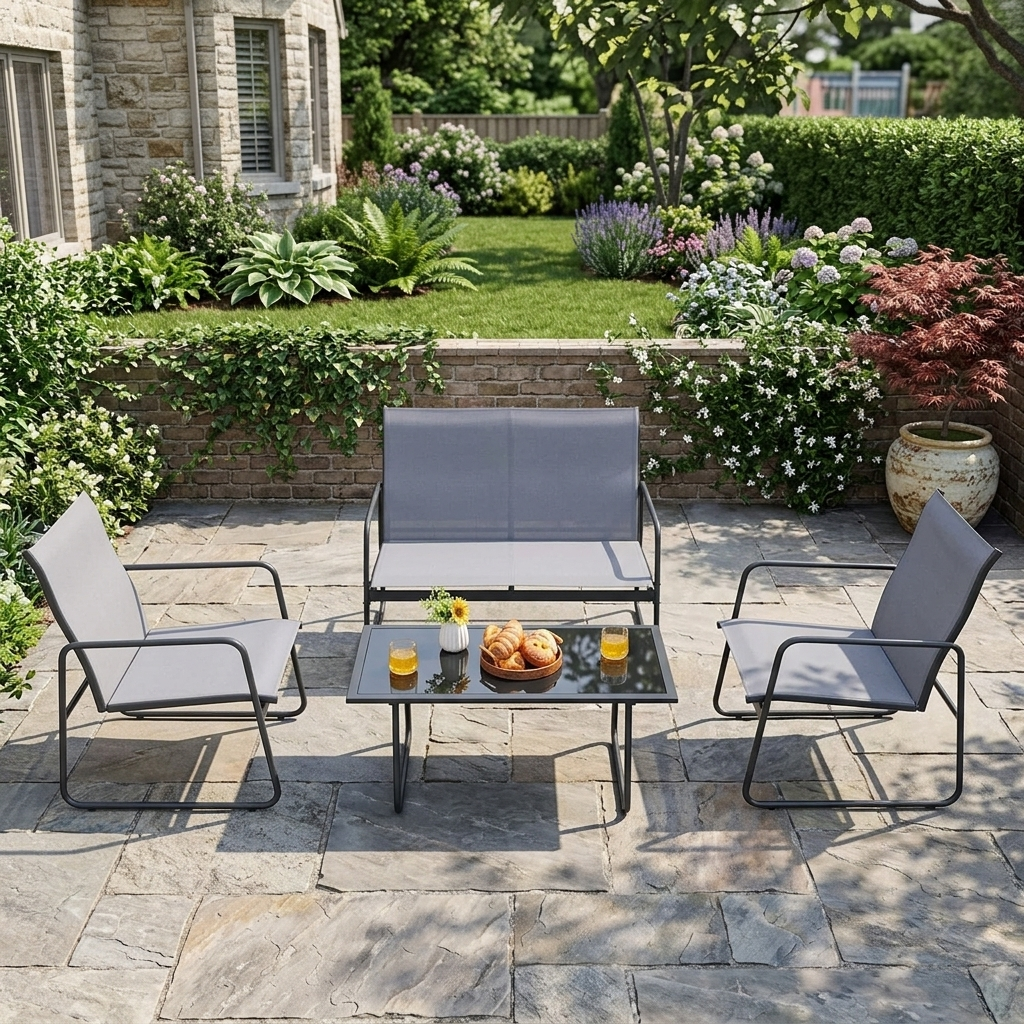 4 Piece Garden Patio Bistro Furniture Set with Loveseat, Coffee Table and 2 Chairs