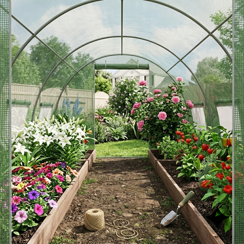 Large Outdoor Greenhouse with Walk-In Tunnel and Windows