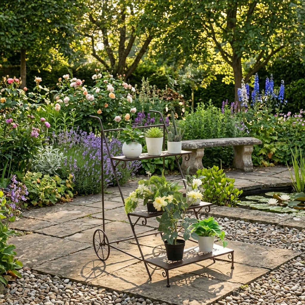 3-Tiered Metal Plant Stand with Wheels and Handle