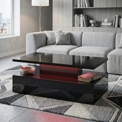 Modern 2-Tier Gloss Black Coffee Table with LED'S